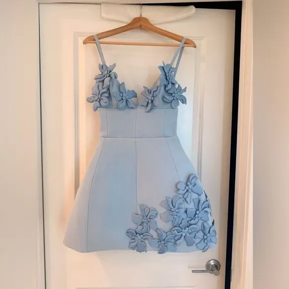 NWOT BRONX AND BANCO Emma Powder Blue Floral Mini Dress, Wedding Guest dress - Picture 5 of 11